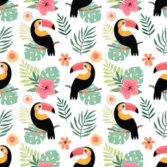 Summer seamless pattern with toucans and hibiscus, tropical design © lilett