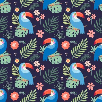 Tropical seamless pattern with colorful toucans and leaves
