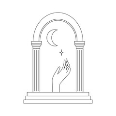 Abstract composition with moon, arch, columns, stairs, hand.