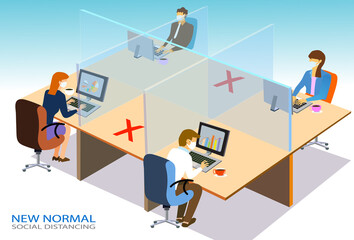 New nomal office  concept people lifestyle after pandemic covid-19 corona virus. New normal is social distancing and wearing mask. Flat design style vector illustration