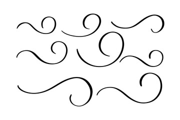 Set of hand drawn calligraphic swashes with brush strokes. Vector decorative elements. Curves, curls, flourishes for text and page design.