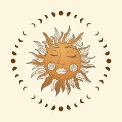 Celestial sun and moon star vector. Sacred dreaming astrology boho esoteric art.