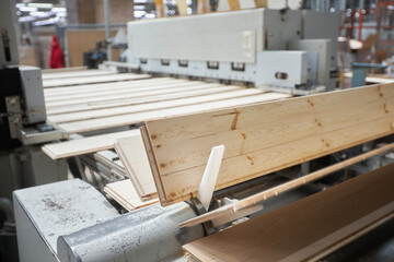 Carpentry factory. Automated equipment for laminate production. Modern robotic factory indoors. Woodworking production