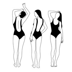 Set of linear female figures in swimsuits. Young women standing and sunbathing.