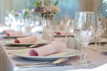 Close up of wedding dinning table set up with white round plates and pink napkins
