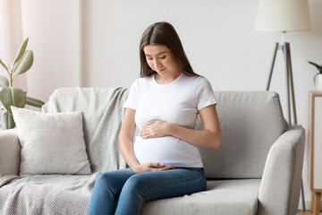 Obraz premium Portrait Of Young Beautiful Expectant Lady Relaxing On Couch In Living Room