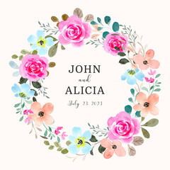 Save the date. Pink rose floral wreath with watercolor