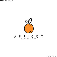 Apricot logo template. Line art. Isolated fruit with leaves on white background