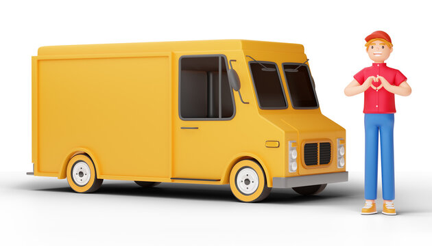 Delivery man doing a heart shape with truck, 3d rendering.