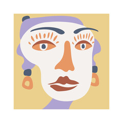 Poster with an abstract female portrait. Woman's face of simple geometric shapes. Minimalism, pastel earth tones. Vector print for clothing and posters. Art for a fashion project