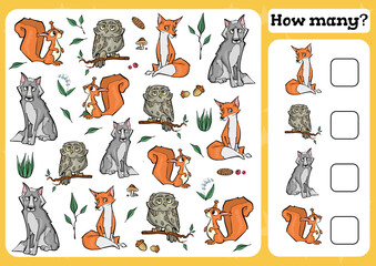 Counting Game for Preschool Children. Count how many Educational a mathematical game. Vector illustration