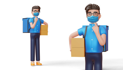 Obraz premium Delivery man doing mini heart with hands and hold a parcel box, 3d rendering.