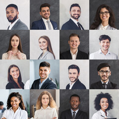 Diverse Business People Portraits In A Row, Gray Backgrounds, Collage