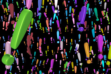 Many symbols of colored 3d exclamation mark, descend, on black background.