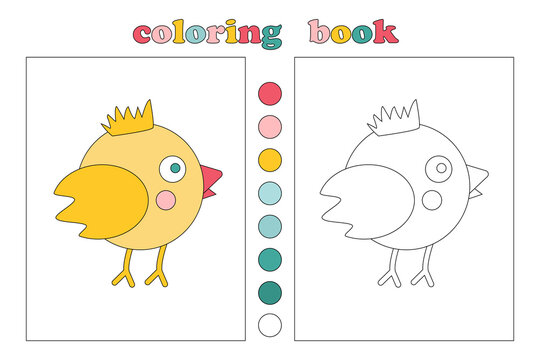 Coloring book for kids, cartoon little yellow chicken for coloring. Cute illustrations with captions and color palette. We draw and play with children. Education of children. Vector