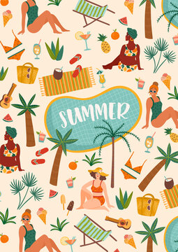 Vector illustration of women in swimsuit on tropical beach. Summer holliday, vacation, travel.