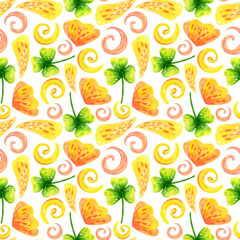 Seamless pattern yellow green and orange watercolor flowers. Illustration of abstract plants on a white background