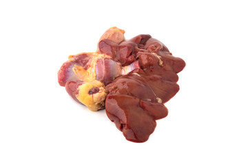 Fresh chicken livers,heart and gizzards on white background.Raw food ingredients for cooking