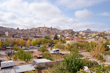 Landscape with mountains and Cappadocia town, Turkey.