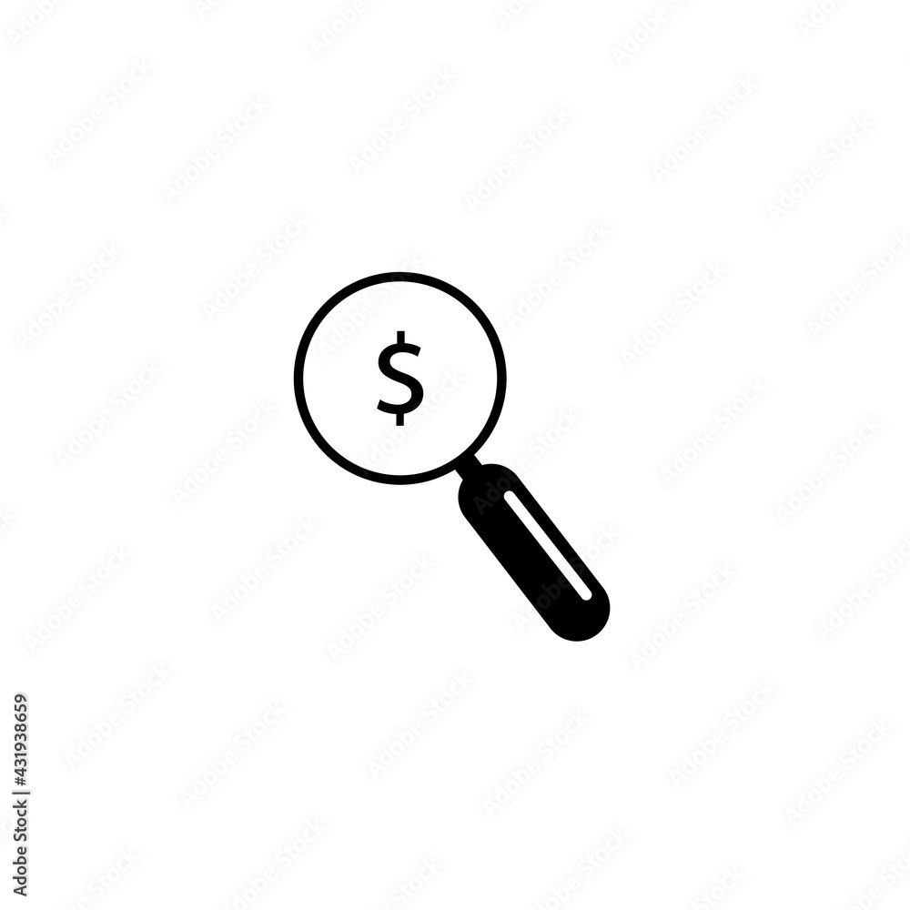 Poster black find best offer price magnifying glass icon, simple currency search data survey with us dollar