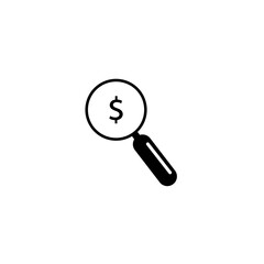 Black find best offer price magnifying glass icon, simple currency search data survey with us dollar interface, app ui ux web button logo, flat design pictogram vector isolated on white background