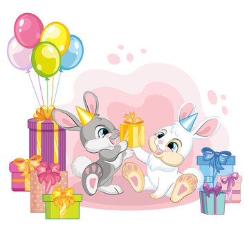 Vector illustration cartoon rabbits with present boxes and balloons