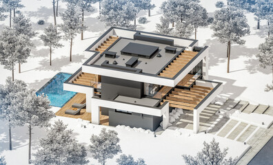 3d rendering of modern cozy house with pool and parking for sale or rent in luxurious style and beautiful landscaping on background. Cool winter day with shiny white snow.