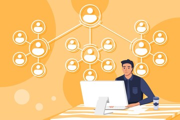 Human Resource Department or HRD Draw Up a Schematic Chart of Company or Government Hierarchy in Desktop Computer. Corporate Flat Vector Illustration.