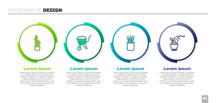 Set Cactus peyote in pot, Wheelbarrow with dirt, Plant and Spraying plant. Business infographic template. Vector