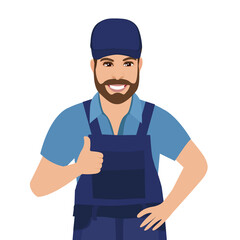 Man in blue overalls gesturing thumb up. Vector illustration. 