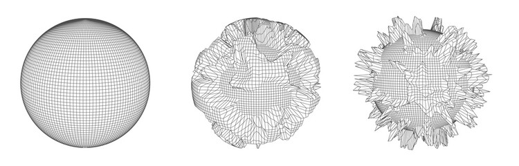Set of deformed spheres. Abstract polygonal forms. Destruction effect. Vector illustration