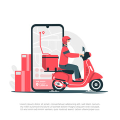 Online Delivery Service Web Banner Template. Courier on Scooter Delivering Parcel Box. Smartphone with Mobile App for Delivery Tracking. Smart Logistic Concept. Flat Isometric Vector Illustration