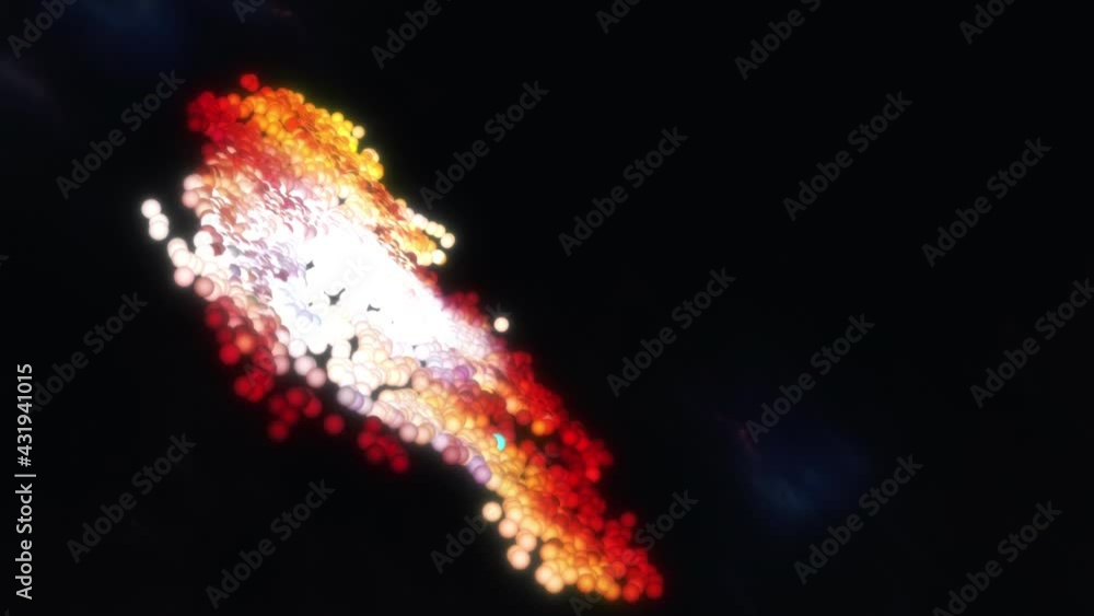 Poster abstract many glowing particles moving and transform into spiral galaxy turning over dark background