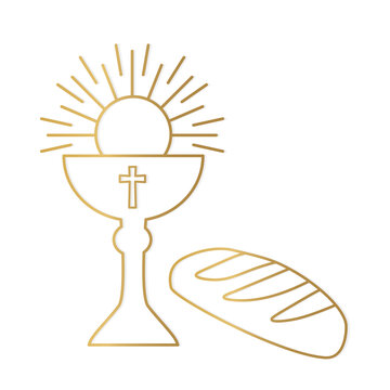 golden holy communion chalice and bread icon- vector illustration