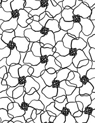 A pattern of tropical flowers. Seamless image, black outline of elements on a white background.Design of wallpaper, fabrics, textiles, packaging, posters, postcards, wedding design.
