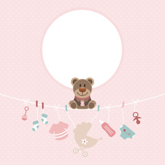 Teddy Auf Gebogener Leine Babysymbole Mädchen Runder Rahmen Punkte Rosa Mintgrün