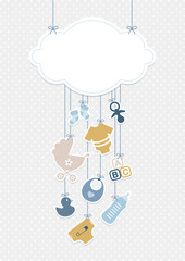 Babysymbole Junge Unter Wolke Hängend Punkte Retroblau Senfgelb Grau