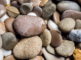 Fototapeta na wymiar Multi-colored wet pebbles on the shore close-up. Various shapes of stones. Unusual stones. Macrocosm. Pebble background. Shore. Beach. Pebble texture