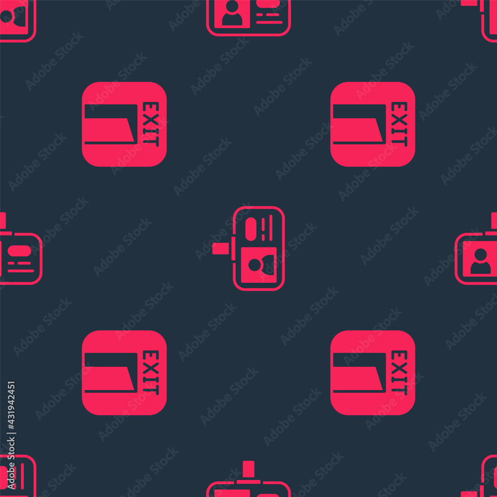 Poster set fire exit and identification badge on seamless pattern. vector