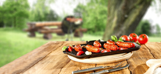 Desk of free space and grill time in garden 