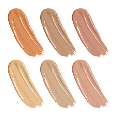 Liquid cosmetic foundation set, concealer smear smudge. Collection different tones bb cream swatch sample isolated on white