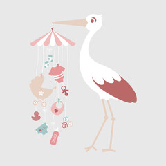 Großer Storch Mit Mobilé Babysymbole Mädchen Rosa Mintgrün