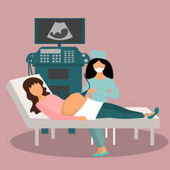 Pregnancy screening. Ultrasound pregnancy screening concept. Female doctor in medical uniform scanning mother. Girl with belly looking in monitor smiling. Embryo baby health diagnostic illustration. 