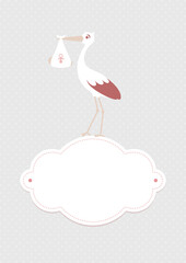 Karte Storch Auf Wolke Mit Baby M&auml;dchen Punkte Grau