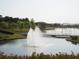 Naklejka premium 公園の池と噴水