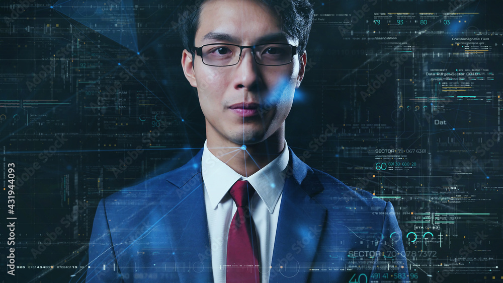 Poster investment finance business and technology, medium close up businessman computer coding data analyti