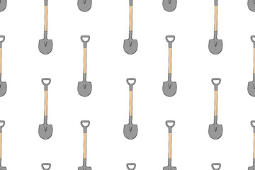 Seamless pattern with garden shovels, spades, scoops. Vector backgrounds and textures with tools for working on the farm, in dacha, country site in flat doodle style. Hand drawn isolated illustration