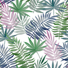 Seamless pattern with colorful tropical leaves. colored leaves of a palm tree of pink, blue, yellow colors isolated on a white background. summer print for fabric, textile, wallpaper.