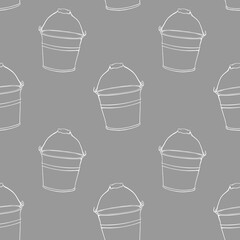 Vector seamless pattern of aluminum metal buckets with handle. Background and texture of contour elements in the doodle style