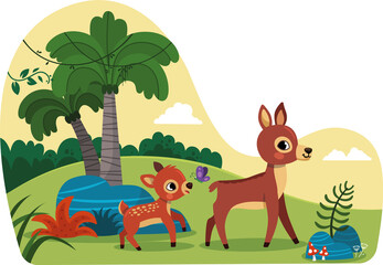 Obraz na płótnie Canvas A baby and a mother deer on a walk in the nature. Vector illustration.